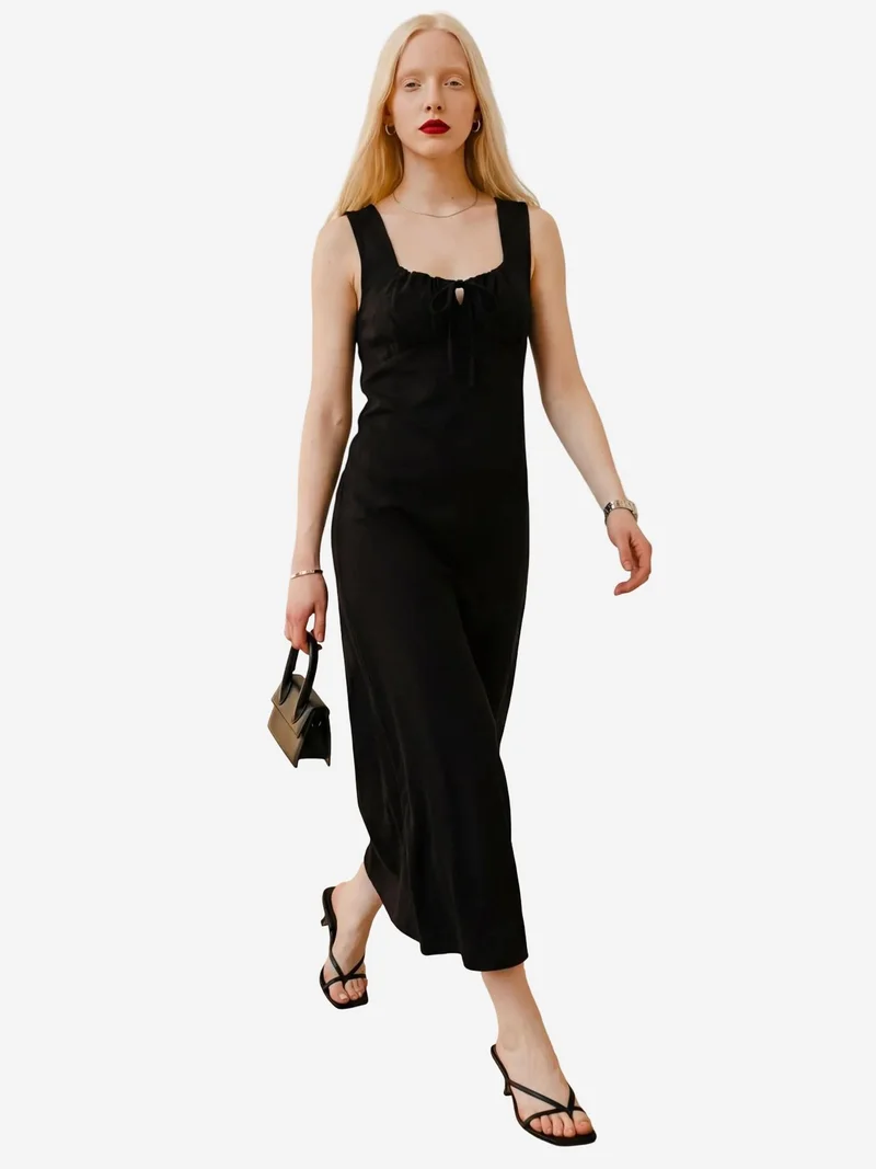 MY FASHION Black MY FASHION Midi Linen Dress with Tie Detail for Women | Best Price UAE
